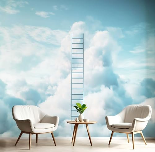 Fototapete 3D Effekt Tapete Himmelslandschaft Tapeten, Wolke Holzleiter Seidetapete Wandbilder Schlafzimmer Wanddeko Wohnzimmer 250×175 CM (W×H) Wallpaper Wand Deko