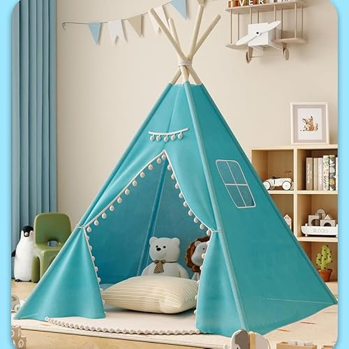 Kindertipi Spielzelt, Tipi Zelt für Kinder, Zelt Kinderzimmer Deko, Kinderzelt Für Drinnen Spielzelt Indoor Spielgeräte Spielzimmer, Faltbares Spielhaus, Babyzimmer Deko für Kleinkinder (1.1 m,Blau)