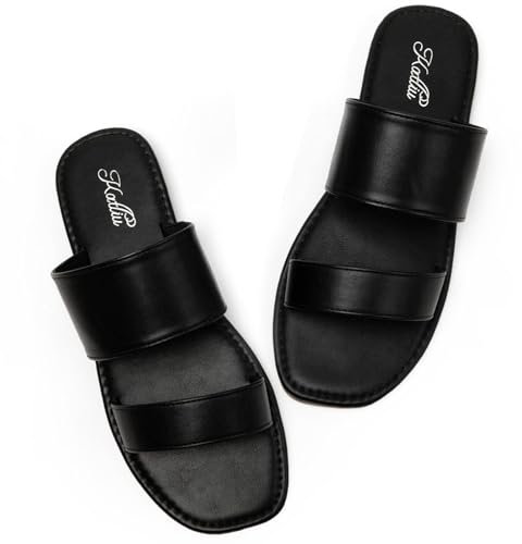 katliu Sandalen Damen Flache Offene Slidesandalen Slide Sandalen Sommersandaletten Sommers Tylisch und Leicht Schwarz 38