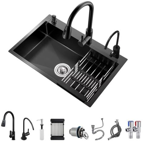 Black Kitchen Sink,Topmount Workstation Stainless Steel Single Bowl Sink with Pull Out Faucet,Soap Dispenser and Drain Basket (50 * 45 * 20cm)
