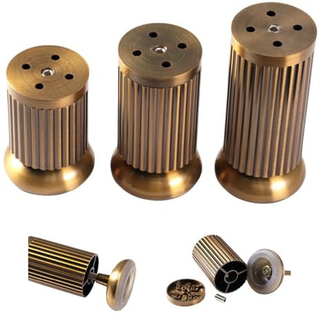 JiyYoar 4PCS Gold Furniture Legs Metal Ribbed Dresser Legs with Brass Cylindrical Furniture Feet with 16 Screws Adjustable Antique Brass Feet for Sofa Cabinet Bed (3.1in)