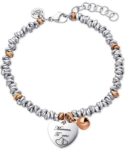 Dada Gioielli Bracciale Amore Mamma Campanella e Cuore Bi-Lingua | 17+3 cm, Anelli Intrecciati a Nodino, Acciaio, Disponibile In Colori Diversi, Idee Regalo Donna