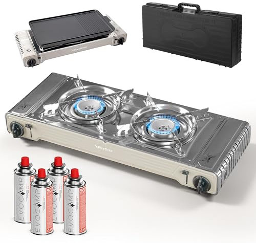 Gaskocher 2-flammig, Campingkocher mit Grillplatte, Gasherd mit Tragekoffer & Piezozündung, Doppelgaskocher für Gaskartuschen MSF-1A, Outdoor Campingkocher, 2x2,2 kW Leistung, mit 4 Gaskartuschen 227g
