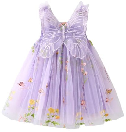 Generisch Princesa Niño Niña Sin Mangas Mariposa Con Alas Bordado Princesa Vestido Baile Fiesta Floral Tul Vestidos Ropa Niño Joyería, Color lila claro., 5-6 años