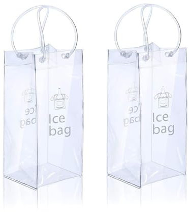 2 Stück Ice Bag Basic Flaschenkühler,11 x 11 x 25cm,Transparent Kühlmanschette PVC Tragbar Outdoor Kühltasche für Flaschen Mit Griff Flaschen Tragetasche für Bier Champagner Wein,Transparent B