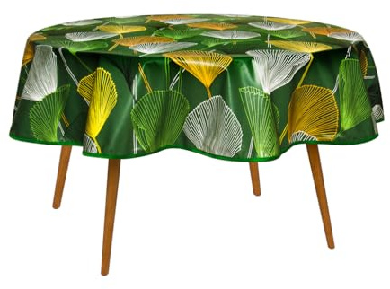 Wachstuch Tischdecke mit Kantenverstärkung - Wasserabweisend, Leicht zu Reinigen und Wetterfest - Reach Zertifiziert - 140 cm Rund - Gold Ginkgo