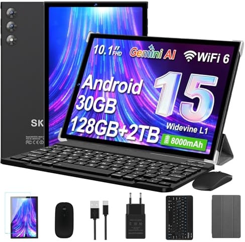 Tablet 10 Pollici Android 15 con Gemini AI, 30GB RAM 128GB ROM+2TB Esp., Octa‑Core, WiFi 6 BT 5.0, Widevine L1, Batteria 8000mAh, Fotocamera 8/5 MP, Tastiera Mouse Custodia, Corpo in Metallo ‑ Nero