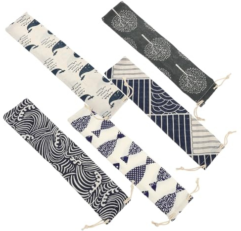 DIYEAH 5 pezzi Sacchetto Porta Cannucce Riutilizzabili in Cotone e Lino con Chiusura Coulisse Custodia da Viaggio Leggera e Pieghevole per Posate Forchetta Cucchiaio Organizer Compatto