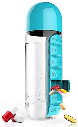 Generic Hervidor de Agua de Viaje, Botella de Agua de Plástico Liviano, Diseño de Doble Uso de Gran Capacidad de 600 Ml con Pastillero para Trabajar Al Aire Libre (BLUE)