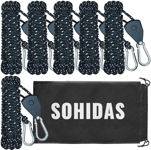SOHIDAS Camping Rope Reflective Tent Rope Guyline with Ratchet Pulley, Tarp Tie Down Ropes for Tent Tarp, Canopy Shelter, Camping, 13ft Adjustable Guy Line for Canopy Tent 6 Pack Guy Lines Tents Cords