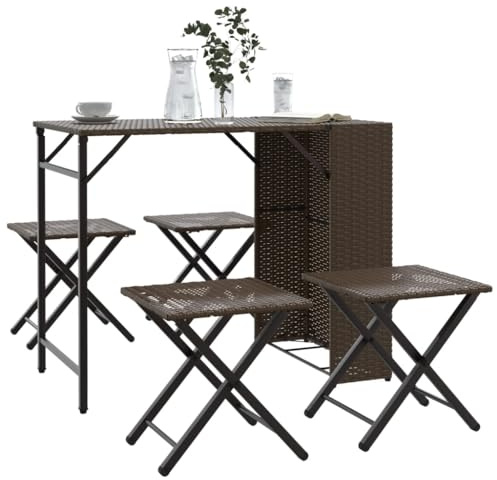 JHQHSM 5-TLG. Garten-Essgruppe Klappbar Braun Poly Rattan, Platzsparende Klappmöbel mit Stahlrahmen für Terrasse und Camping Dieser Faltbare Gartentisch mit 4 Hockern aus robustem