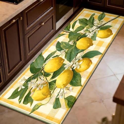 Teppichläufer Lang 55 x 180 cm Zitronenblüte, Frucht, Zitrone Rutschfester Küchenläufer Gelb waschbarer Kurzflor Teppich für Flur & Korridor