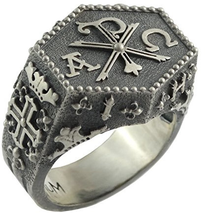 Tempelritter Freimaurer Alfa Omega Chi Rho Kreuz und Krone silber 925 Herren Ring Kreuz von Konstantin ihsv SS 003 - Sterling-Silber 925-61 (19.4)