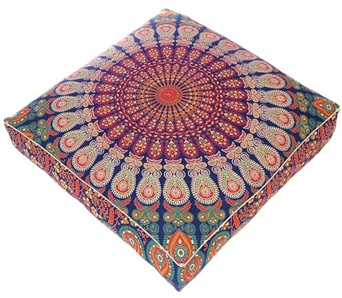 Eyes of India - 35 Blue Orange Large Oversized Mandala Square Colorful Floor Pillow Cover Pouf Meditation Cushion Seating Bohemian Accent Boho Chic Dog Bed Indian Handmade Cover ONLY