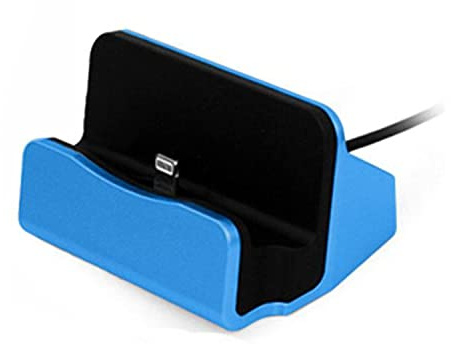 AQUARIUS Desktop Charging Dock with Braided Cable, Blue Aluminium Mobile Phone Stand & Charger Station, Sync and Charge Cradle Compatible with 8-Pin Devices