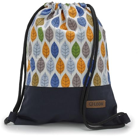 By-Bers LEON Tasche Turnbeutel Rucksack Sportbeutel Gym Bag Gymsack Hipster Fashion, Blätter_bunt, flach 34cmx45cm +-1cm