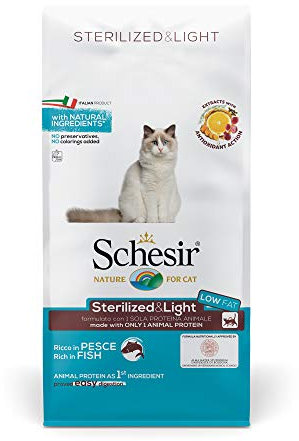 Schesir, pienso para Gatos Adultos esterilizados o en sobrepeso, línea Light Sabor Pescado, croquetas - Formato Bolsa de 10 kg