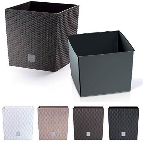rg-vertrieb Blumenkübel Blumenkasten Blumentopf Übertopf Rattan Optik Pflanzkübel mit Einsatz Modell Low (170 Mocca)