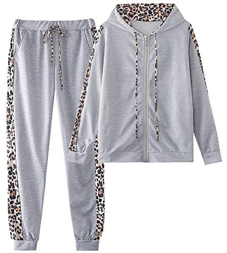 amropi Traingsanzug Damen Jogginganzug Leopard Kapuzenpullover Lange Ärmel Top + Hose Sportanzug 2 Stück (Grau,L)