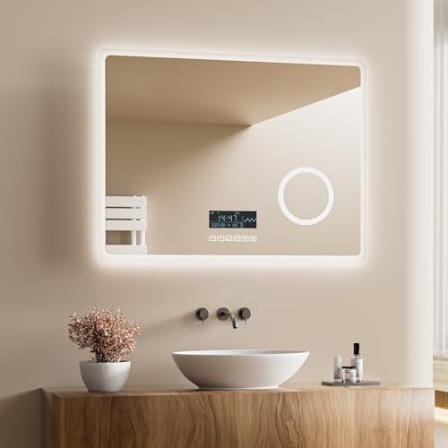 Heilmetz Bluetooth Badspiegel LED 80x60cm, Badezimmerspiegel mit Beleuchtung, Uhr, Antibeschlag, 3X Vergrößerung, Badspiegel mit Beleuchtung 6500K Kaltweiß Licht, Energiesparend