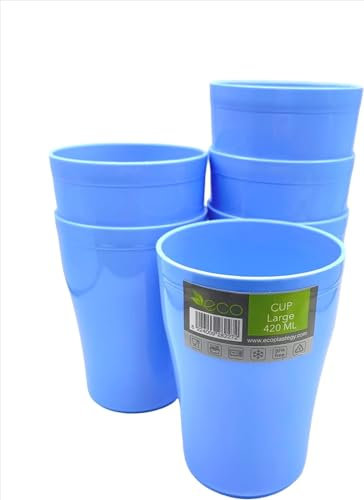 ECO 6 Pack Hard 420ml Plastic Cups Reusable | Stackable Plastic Tumblers for Parties | Blue Toddler Cup for Everyday Use | Unbreakable Kids Cups for Outdoor Picnics & BBQ (420 ml) (Blue)