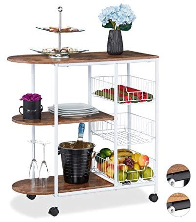 Relaxdays Servierwagen, Küchenwagen mit 3 Ablagen & 3 Körben, Industrial, Metall & MDF, HBT: 84 x 83 x 37 cm, weiß/braun, 1 Stück, Design B