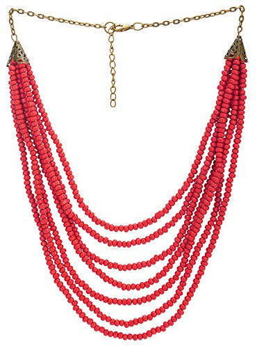 COOLSTEELANDBEYOND Scintillante Statement Pendente Multi-Fila Rosso Legno Perlina Fascino con Charms Collana, Abito da Sera Boho Etnico