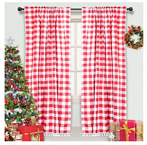 ShinyBeauty Rouge et Blanc Buffalo Check Rideaux 63 Pouces Buffalo Plaid Toile de Fond 2 Panneaux 54 « x63 » pour Salon oeillet léger fenêtre Rideau décor de Ferme