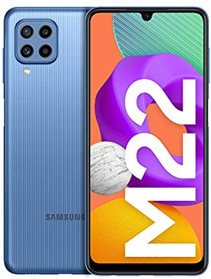 Samsung Galaxy M22 Smartphone Android 4 caméras, Grande Batterie 5000 mAh, Grand écran Infinity U de 6,4 Pouces avec mémoire 128 Go/4 Go de RAM en Bleu Version Allemande