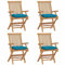 Tidyard 4X Teak Massiv Gartenstuhl mit Hellblauen Kissen Armlehnen Essstuhl Klappstuhl Stuhl Stühle Gartenstühle Holzstuhl Balkonstuhl Terrassenstuhl
