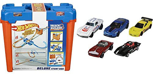 Hot Wheels Track Builder Mega Stunt Box & 01806 5er Pack 1:64 Die-Cast Fahrzeuge Geschenkset, je 5 Spielzeugautos, zufällige Auswahl, ab 3 Jahren