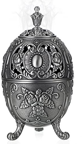 BSTKEY Vintage Metal Zinc Incense Burner Holder, Decorative Coil Incense Holder Burner with Removable Tray Aromatherapy Burner for Home Office Spa, Silver (GYL0295)