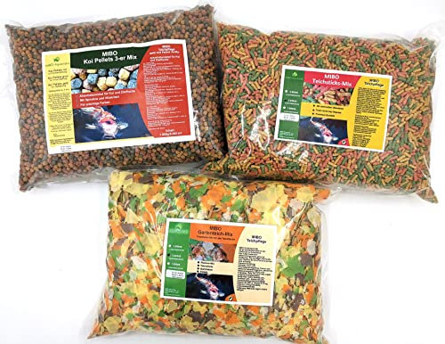 MIBO Teichfutter Set Angebot 3x5000ml - Koi Pellets 3-er Mix, Teichsticks-Mix & Gartenteich-Mix