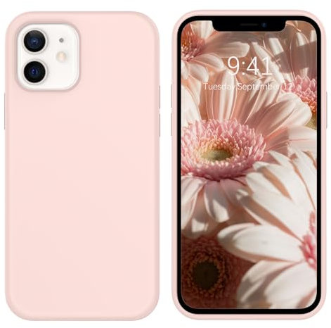 DOMAVER Coque iPhone 12/12 Pro Liquide Silicone Souple, Housse Antidérapante Antichoc, Coque Compatible avec iPhone 12/iPhone 12 Pro Case Microfibre Doublure Fin, Rose Craie