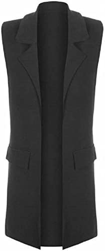 LUXE DIVA Ladies Front Open Sleeveless Long Duster Coat Waistcoat Blazer Womens Sleeveless Open Front Long Waistcoat Stylish Crepe Pocket Jacket Coat Plus Size UK Size 8-26
