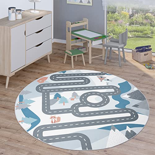 Paco Home Kinderteppich Teppich Rund Kinderzimmer Spielteppich Straßenteppich Modern rutschfest Junge Mädchen, Grösse:160 cm Rund, Farbe:Creme