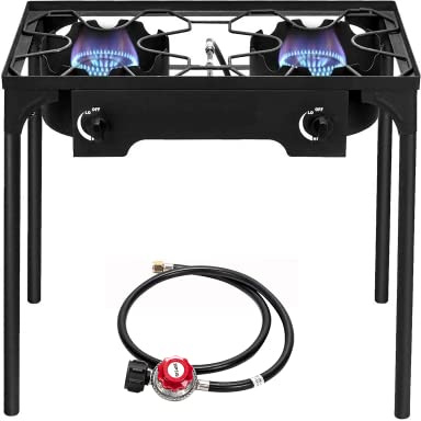 Bonnlo 2 Burner Outdoor Portable Propane Stove Gas Cooker, Heavy Duty Iron Cast Patio Burner with Detachable Stand Legs for Camp Cooking (2-Burner 150,000-BTU)