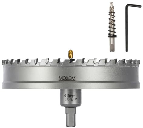 Mollom (170mm | 6-11/16) Scie cloche en carbure pour usage intensif avec 2 forets pilotes, coupe l'acier inoxydable, l'acier doux, le fer, le cuivre, le laiton et le plastique