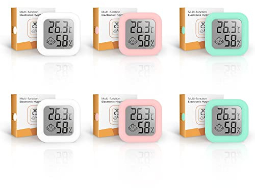 6 Pack Digital Thermometer Hygrometer, WOLAFOO Mini Temperatur Und Luftfeuchtigkeitsmesser, Innenthermometer mit Smileygesicht für Wohnzimmer Büro Auto (3 Farben)