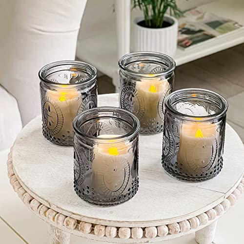 Kate Aspen - Portavelas votivas de cristal vintage gris ahumado con diseño de flor de lis (juego de 8), decoración de granja, decoración de habitación, decoración de estantes, regalo perfecto para