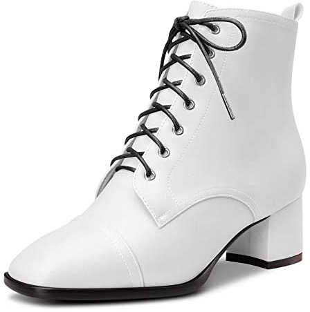 Saekcted Donna Chunky Blocco Basso Gattini Tacco Heel Quadrata Punta Stivaletti Lacci Cerniera Stivali Bianco 44 EU