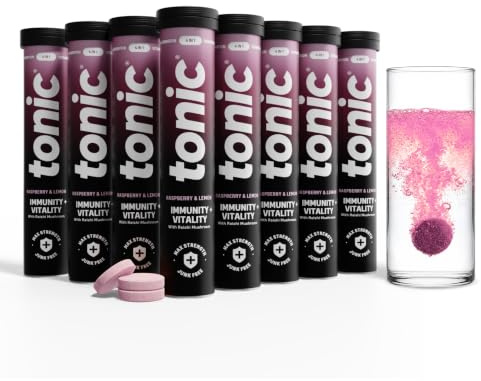 Tonic Health Immunity & Vitality Tablets - 4-in-1 Effervescent Multivitamins and Nutrients - Vitamin D, Vitamin C and Zinc - Vegan, No Sugar- Max Strength Tablets, Raspberry & Lemon, 160 Count