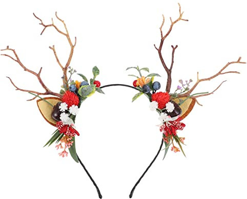 FRCOLOR Rentier Geweih Haarreif mit Blumen Weihnachten Stirnband Haarschmuck Elchgeweih Kopfschmuck Elch Kopfbedeckung Kinder Mädchen Damen Party Foto Requisiten Kostüm Zubehör