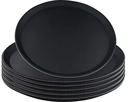 Jiwins 6 Stück Fast Food Tablett 35,6 cm Restaurant Serviertablett Runde rutschfeste Serviertabletts Fiberglas für Couchtisch Küche Party Schwarz