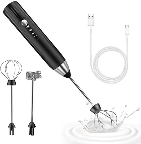 espumador de leche, USB Recargable batidor de leche, 3 velocidades ajustable espumador leche electrico para capuchino, matcha, café (Negro Plateado)