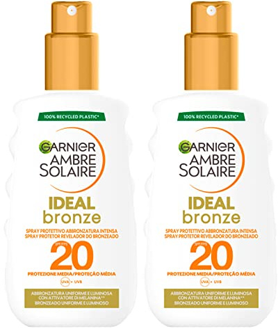 Garnier Ambre Solaire Ideal Bronze Sonnenspray Gesichtsschutz Körper SPF 20 Medium Schutz gegen UVA UVB Formel Waterproof mit Melanin-Aktivator für intensive Bräunung - 2 Flaschen à 200 ml