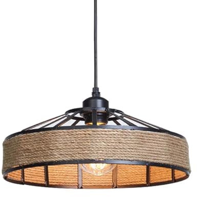 DC VOLTAGE Industrial Metal & Rope Pendant Light,40cm Retro Hemp Rope Black Ceiling Lampshade with 1m Adjustable Cable Pendant Lamp Shade for Living Room Bedroom Kitchen Hallways Floor Lamp