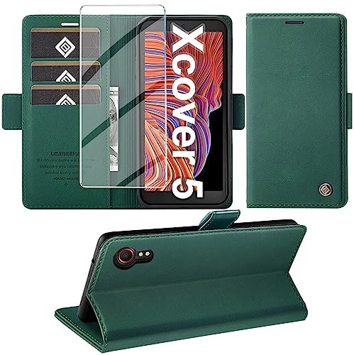 Giyer Handyhülle für Samsung Galaxy Xcover 5, PU Leder Wallet Flip Case mit Ständer, Kartenfach, Displayschutzfolie, Grün