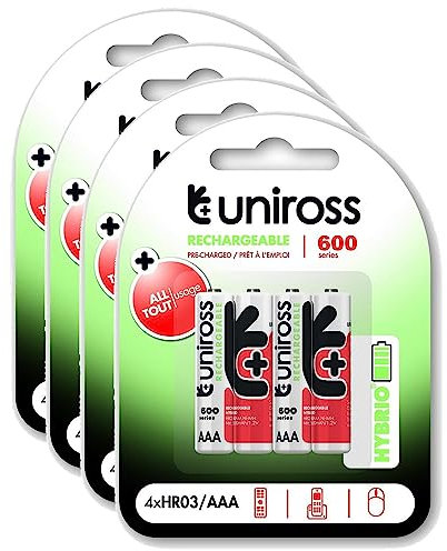 Uniross Pack of 4 x 4 Rechargeable Batteries AAA/HR03 600 NIMH HYBRIO, 1.2 V