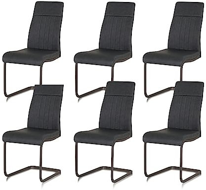 KHG 6er Set Esszimmerstühle Schwingstuhl Polsterstuhl Küchenstuhl Kunstleder Anthrazit - Design Stuhl Sitzhöhe 48 cm - Freischwinger mit Griff, für Esszimmer, Büro, Küche